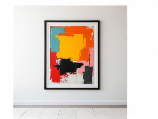 Modern abstract painting in a sleek, minimalist black frame